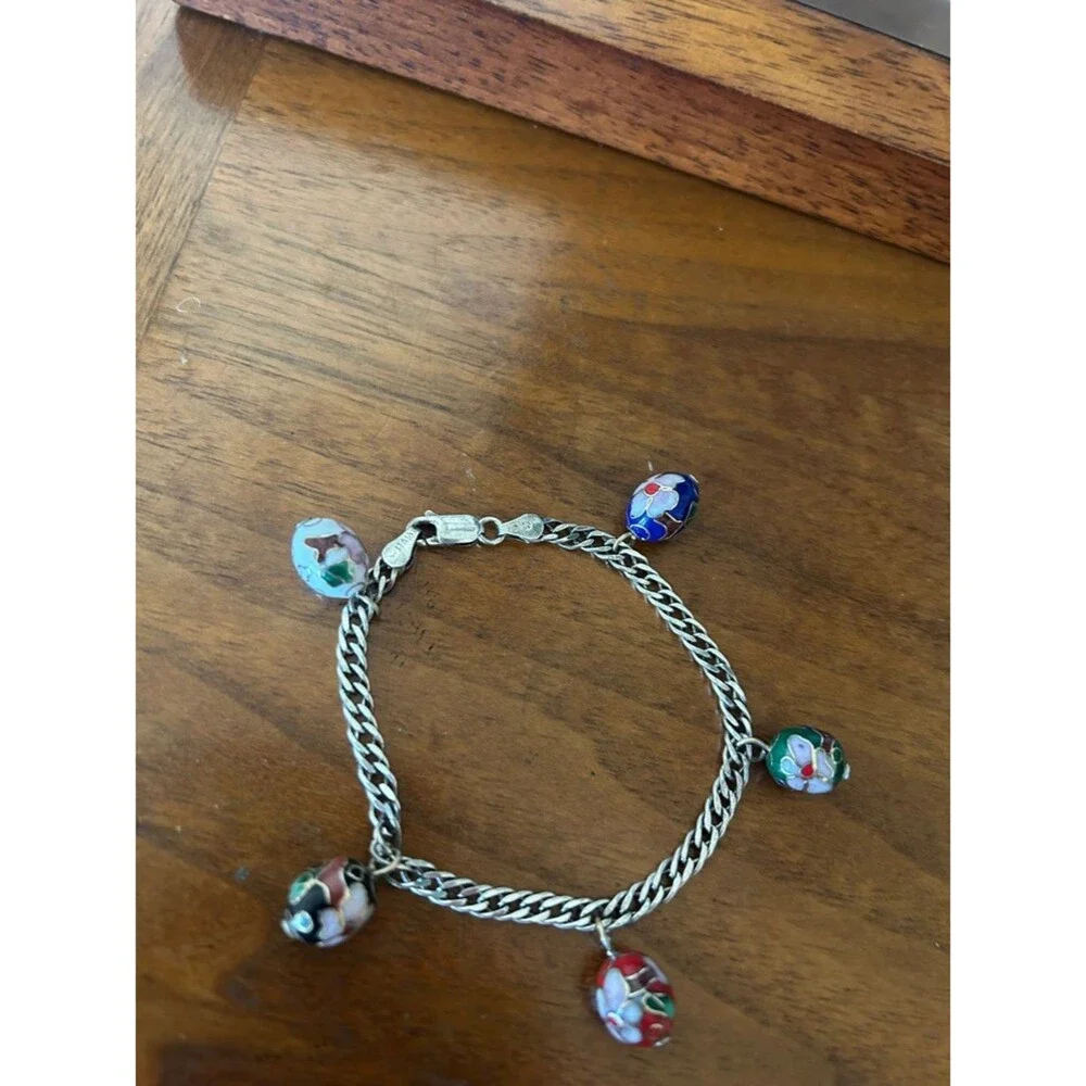 Sterling Silver Multi-Color Cloisonné Charm Bracelet, Italy